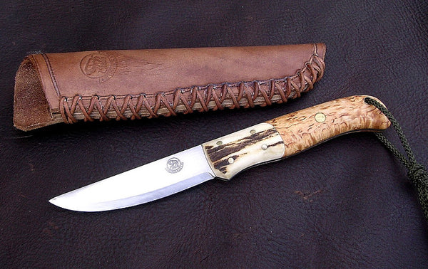 Nordic Knife with Curly Birch Scales and Antler Bolsters
