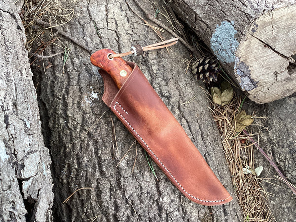 Bison Bushcraft Prospector Knife, Flame Job Orange Birch