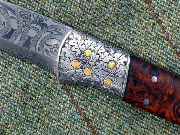 Damasteel,Engraved stainless Bolsters with Gold Acorns and Desert Ironwood Scales