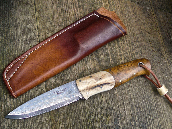 Woodie Knife with Acacia Burl Scales, Antler Bolsters and Damasteel Blade