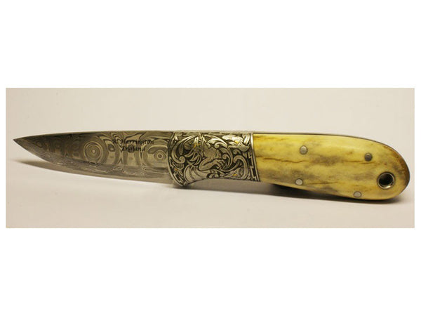 Damasteel, Engraved stainless Bolsters with Gold Inlays and Elk Antler Scales