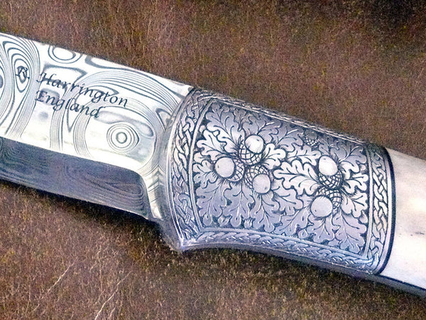 Damasteel,Engraved stainless Bolsters with Acorns and Antler Scales
