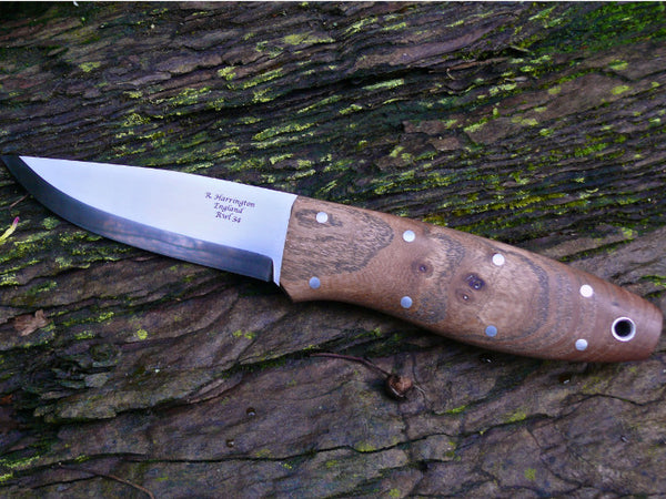 Bushcraft Knife in RWL34 and Burr Elm Scales and Nickel Silver Pins.